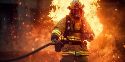 The fireman is using water and extinguisher with . photo