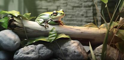 Green frog sitting on a stone on a green background with . photo