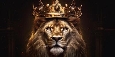 Lion king in a golden crown on a dark background with . photo