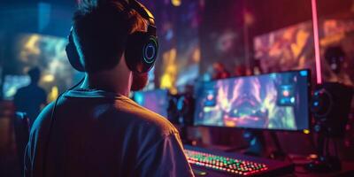 el esports Atletas es jugando juegos con ai generado. foto