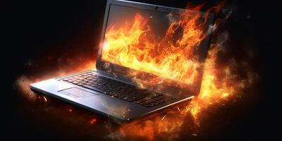 Laptop burning in flames on a dark background with . photo