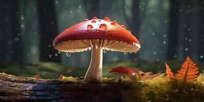 Mushroom with raindrops in the forest with . photo