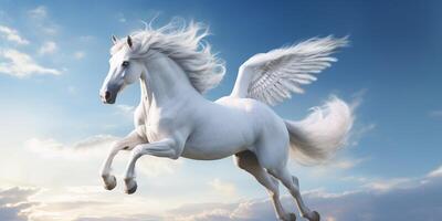 White horse with wings flying in the blue sky with . photo