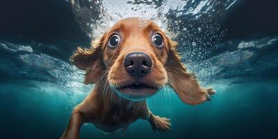 The dog is swimming in underwater with . photo