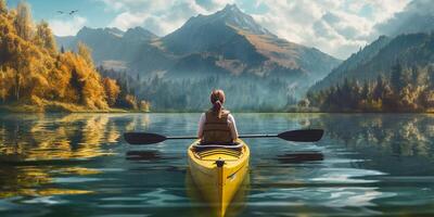 el dama es kayak entre el lago con ai generado. foto