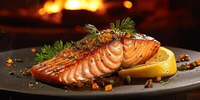 The close up view of grilled salmon fillet with . photo