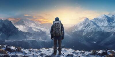 The closeup view of a man with backpack who stand in front of high mountain with . photo