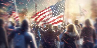 Crowd of people with american flag in the street with . photo