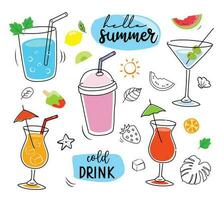 Tropical drinks summer set menu. Cold drinks with hand drawn illustration. Fruit smoothie, cocktails, alcoholic drinks. vector
