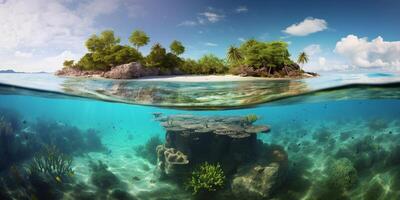 Underwater view of tropical island with coral reef and sandy beach with . photo