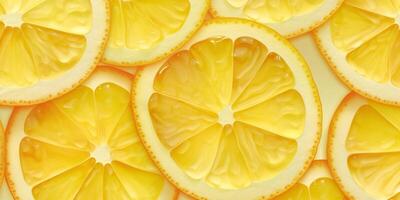 Lemon and lemon slices with leaves on yellow background, top view with . photo