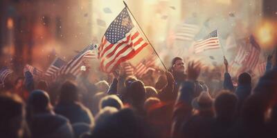 Crowd of people with american flag in the street with . photo