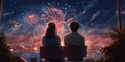 A young couple sit together to watch the celebration fireworks with . photo