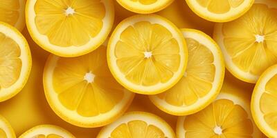 Lemon and lemon slices with leaves on yellow background, top view with . photo