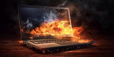 Laptop burning in flames on a dark background with . photo