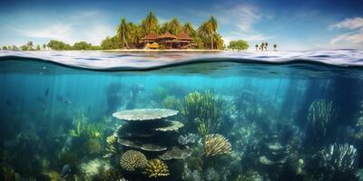 submarino ver de tropical isla con coral arrecife y arenoso playa con ai generado. foto