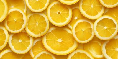 Lemon and lemon slices with leaves on yellow background, top view with . photo