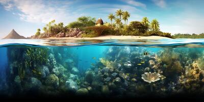 submarino ver de tropical isla con coral arrecife y arenoso playa con ai generado. foto
