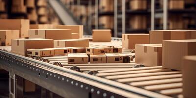 The carton boxes on the conveyor belt with . photo