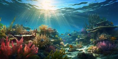 Wonderful and beautiful underwater world with corals and tropical fish with . photo