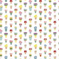 Vector different flowers bouquets seamelss pattern. Flat flowers in vases pattern. Tulips. roses, daffodils and irises