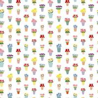 Vector different flowers bouquets seamelss pattern. Flat flowers in vases pattern. Tulips. roses, daffodils and irises