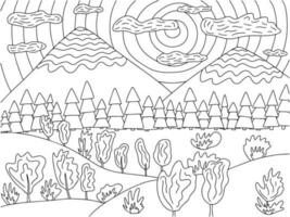 Coloring page with mountain landscape, fields and trees. Vector landscape in black and white color with mountains and fields view