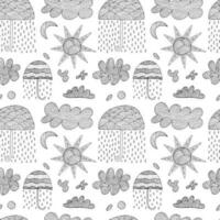 Vector weather objects seamless pattern in doodle style. Hand drawn sun, clouds, rain and umbrella on white background