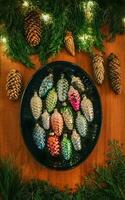 New Year's decoration with a book, a cup of tea, cookies and Christmas tree details photo