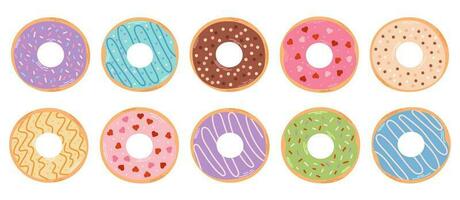 Big set of colorful donuts. Various types of donuts in glaze and chocolate, elements for design of cafe, menu, promo banner. Flat vector cartoon illustration.