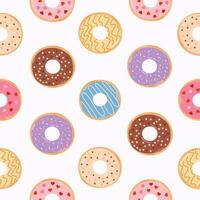 Seamless pattern with colorful donuts. Various types of donuts in glaze and chocolate. Flat vector cartoon illustration.