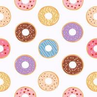 Seamless pattern with colorful donuts. Various types of donuts in glaze and chocolate. Flat vector cartoon illustration.