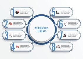 Vector infographic template with 3D paper label, integrated circles. Business concept with 8 options. For content, diagram, flowchart, steps, parts, timeline infographics, workflow, chart.