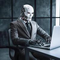 Robot businessman sitting at desk using computer as artificial intelligence. Business concept.. photo