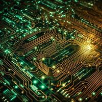 High tech electronic glowing circuit board texture, digital background, photo