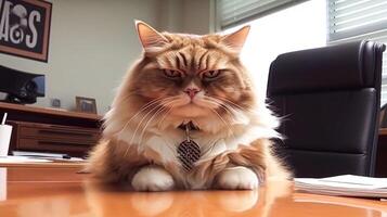 Boss cat is sitting at his desk in his office, business concept. photo