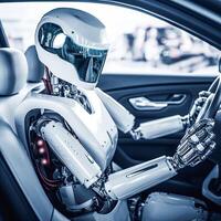 robot conducción un coche. autónomo transporte y autoconducción carros concepto. ai generativo foto