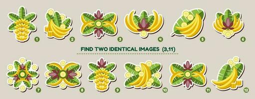 Stickers with banana slices and leaves. The educational matching game for preschool kids. Task is to compare items and find two identical stickers. Vector illustration