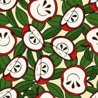 Seamless pattern with red apple slices, green leaves on beige backdrop. Densely arrangement of elements. Vector. vector