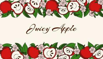 Horizontal border with apples, leaves, apple blossom, copy space. Vector. vector