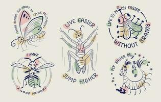 conjunto de gracioso emblemas con cómic dibujos animados insectos, citas y resumen color formas ciempiés, polilla, mariposa, avispa, volar, cucaracha. vector bosquejo ilustración.