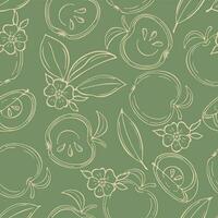 Seamless pattern with beige contour apples and slice apples on green background. Vector illustration