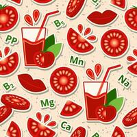 Tomato seamless pattern with design elements in simple geometric style. Glass of juice, tomato slices, drops. Good for branding, decoration of food package, cover design, decorative print, background vector