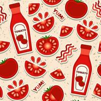 Tomato seamless pattern with design elements in simple geometric style. Ketchup bottle, tomato slices, drops. Good for branding, decoration of food package, cover design, decorative print, background vector