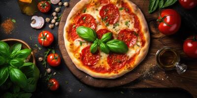 Pizza with salami, mozzarella and tomatoes on a dark background. . photo