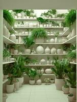 white shelves with plants in modern design room with white walls. AI generation photo