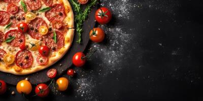 Pepperoni pizza with cherry tomatoes on black background with empty space. AI photo