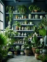 hermosa verde plantas en ollas en el estantería en habitación con ventana. ai Generacion foto