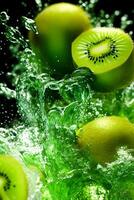 volador un kiwi rebanadas con agua salpicando, generativo ai foto