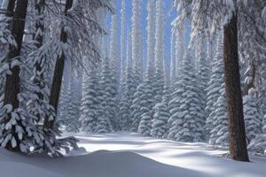 nieve cubierto invierno bosque. generativo ai foto